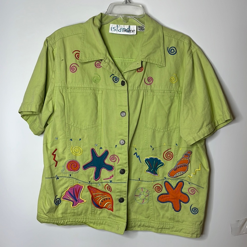 Island Scene Womens Green Sea Life Button Up Cotton Top XL XLARGE PLUS SIZE